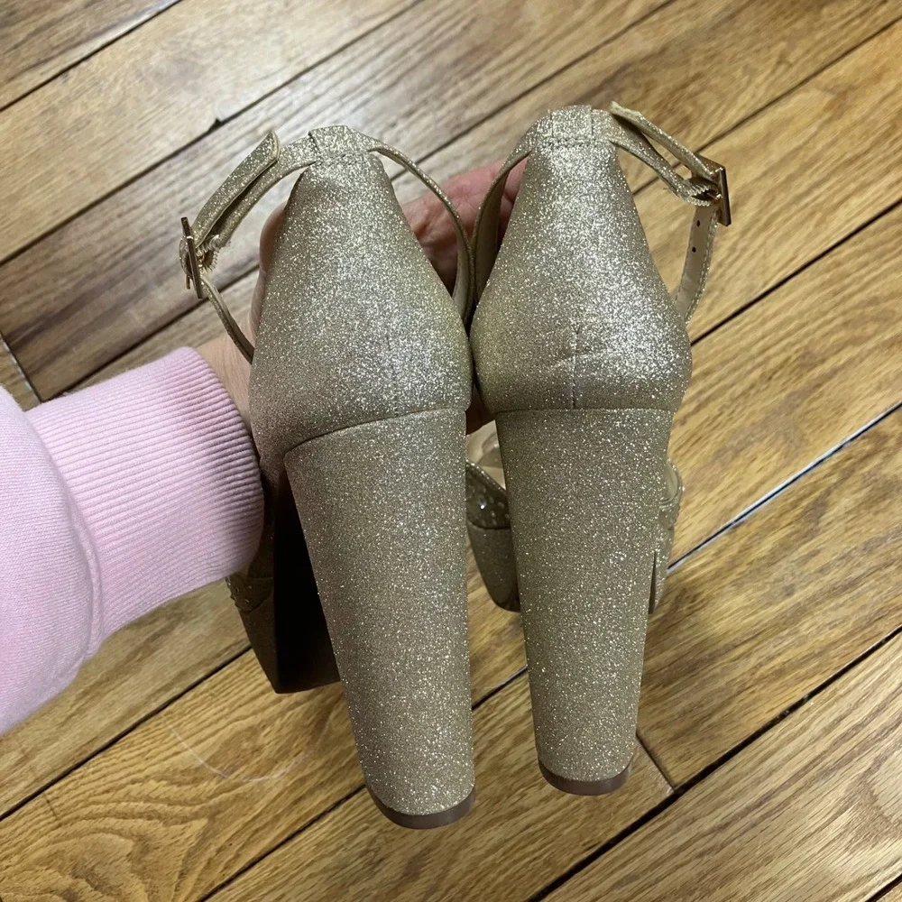 Jessica‎ Simpson Glitter Platform Ankle Strap Heels Gold Sparkle Size 8 38.5